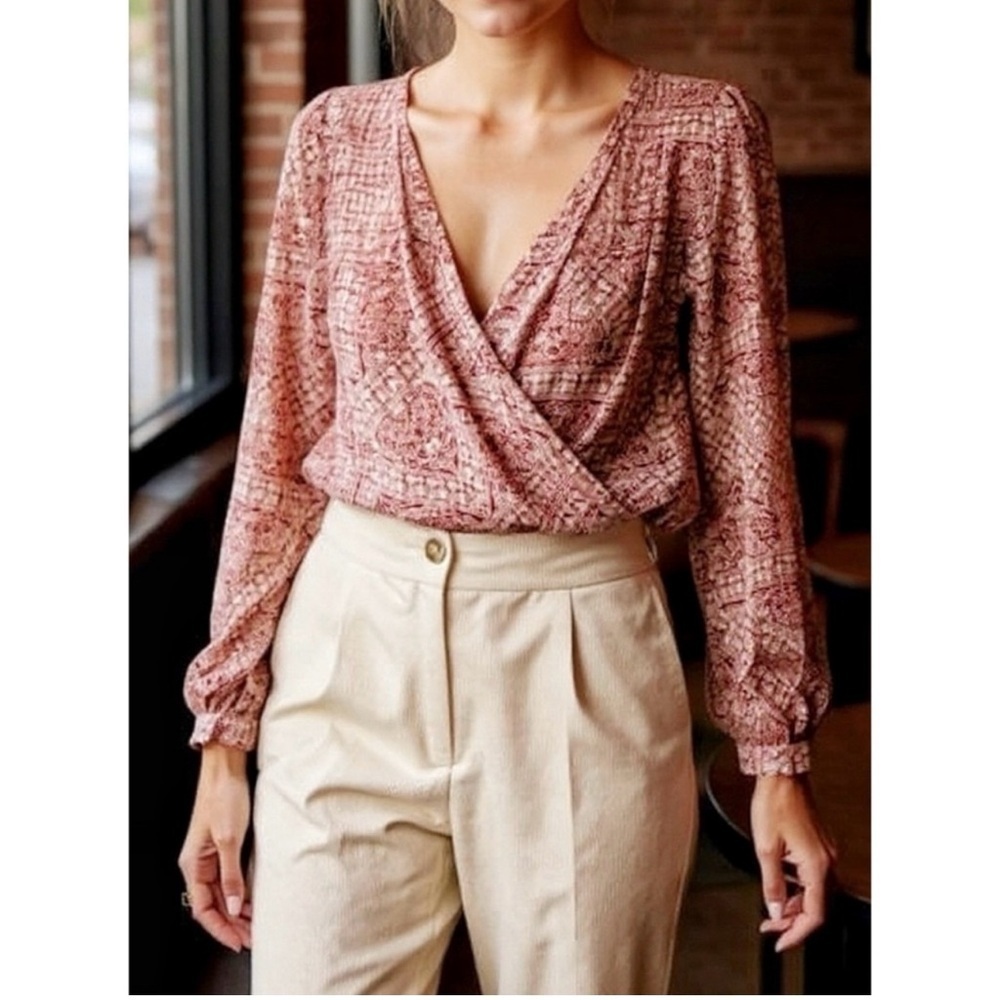 SEZANE Abélia Wrap Around Mosaic Ecru Print Burgundy Blouse Size 4 - Picture 4 of 17